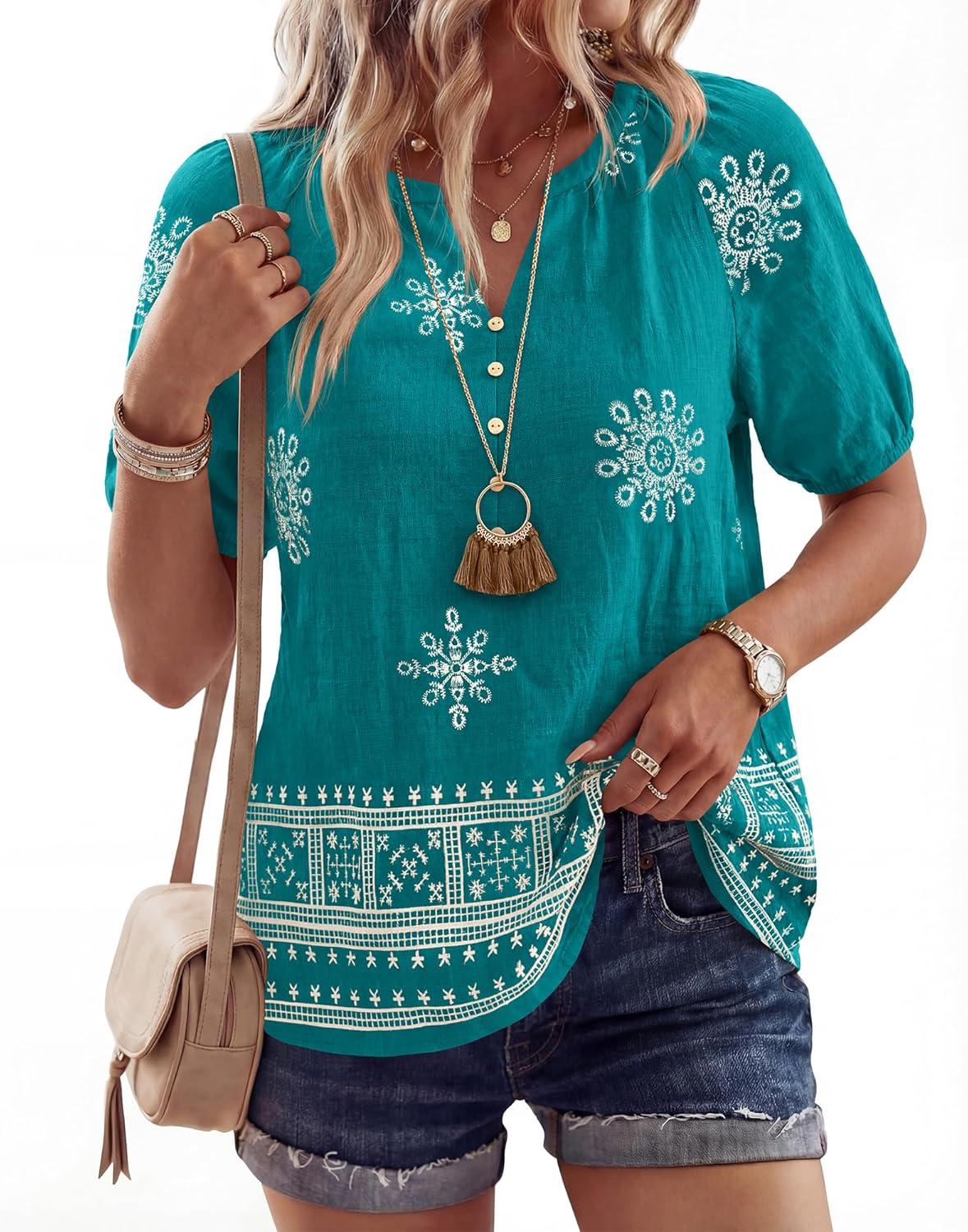 imageBTFBM Womens Summer Tops Boho V Neck Short Sleeve Dressy Casual Business Blouses Flowy Floral Print Shirt Trendy 2026Floral Lake Blue White