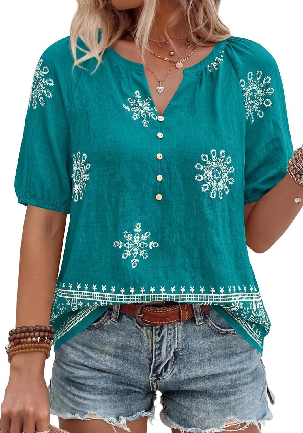 imageBTFBM Womens Summer Tops Boho V Neck Short Sleeve Dressy Casual Business Blouses Flowy Floral Print Shirt Trendy 2026Floral Lake Blue White