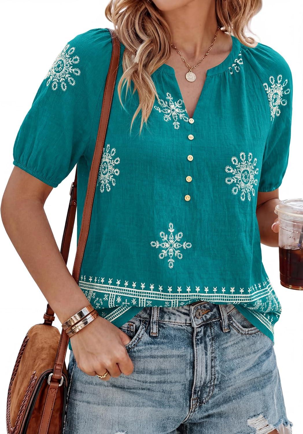 imageBTFBM Womens Summer Tops Boho V Neck Short Sleeve Dressy Casual Business Blouses Flowy Floral Print Shirt Trendy 2026Floral Lake Blue White