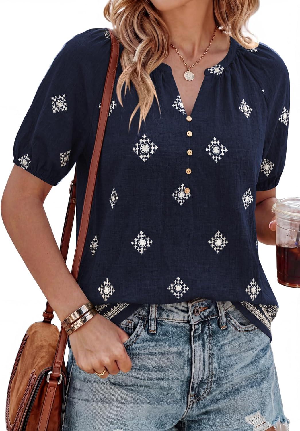 imageBTFBM Womens Summer Tops Boho V Neck Short Sleeve Dressy Casual Business Blouses Flowy Floral Print Shirt Trendy 2026Floral Navy Apricot
