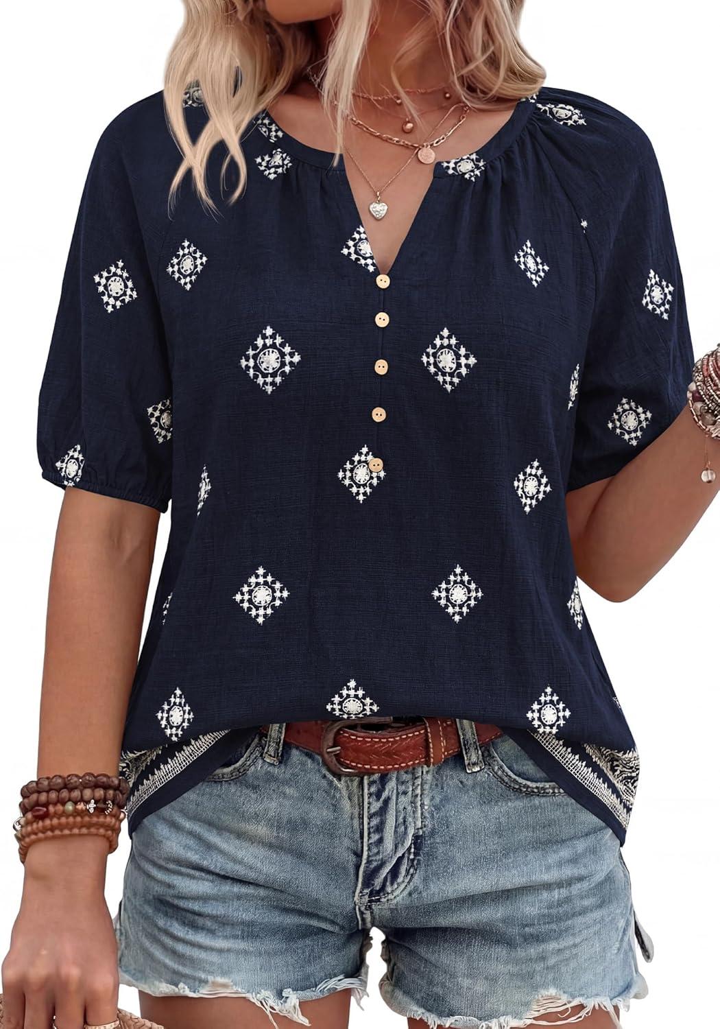 imageBTFBM Womens Summer Tops Boho V Neck Short Sleeve Dressy Casual Business Blouses Flowy Floral Print Shirt Trendy 2026Floral Navy Apricot