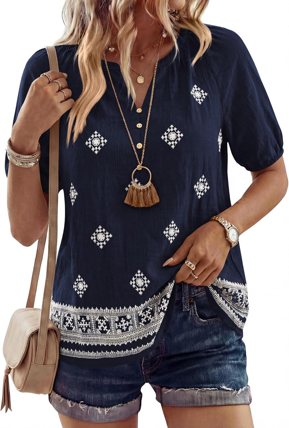 imageBTFBM Womens Summer Tops Boho V Neck Short Sleeve Dressy Casual Business Blouses Flowy Floral Print Shirt Trendy 2026Floral Navy Apricot