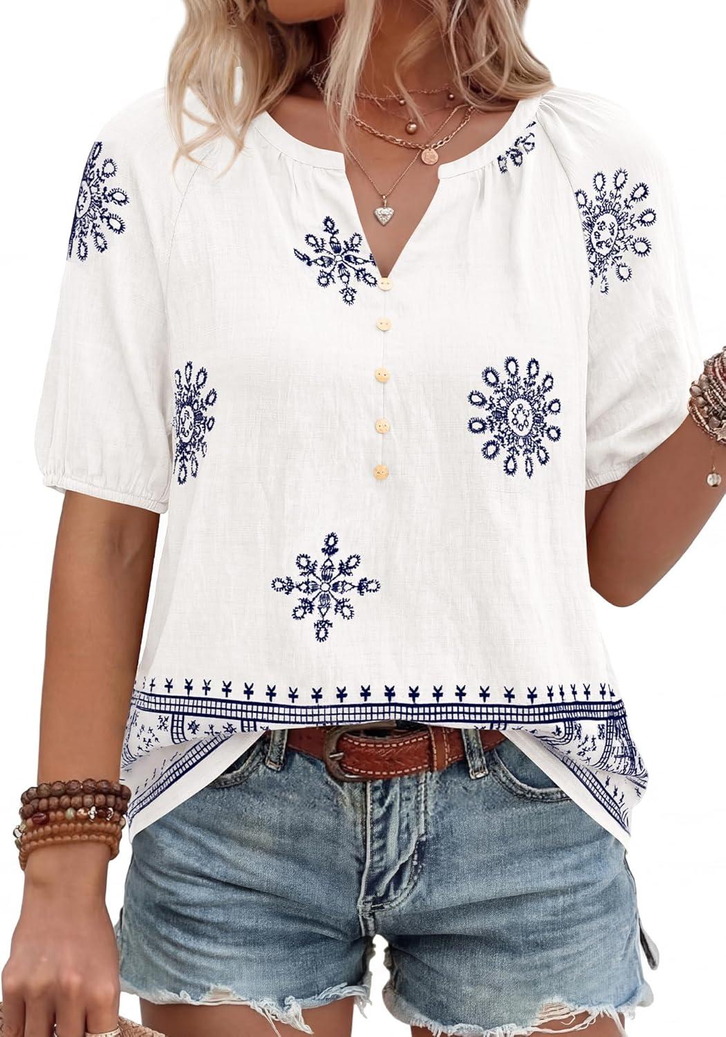 imageBTFBM Womens Summer Tops Boho V Neck Short Sleeve Dressy Casual Business Blouses Flowy Floral Print Shirt Trendy 2026Floral White Navy