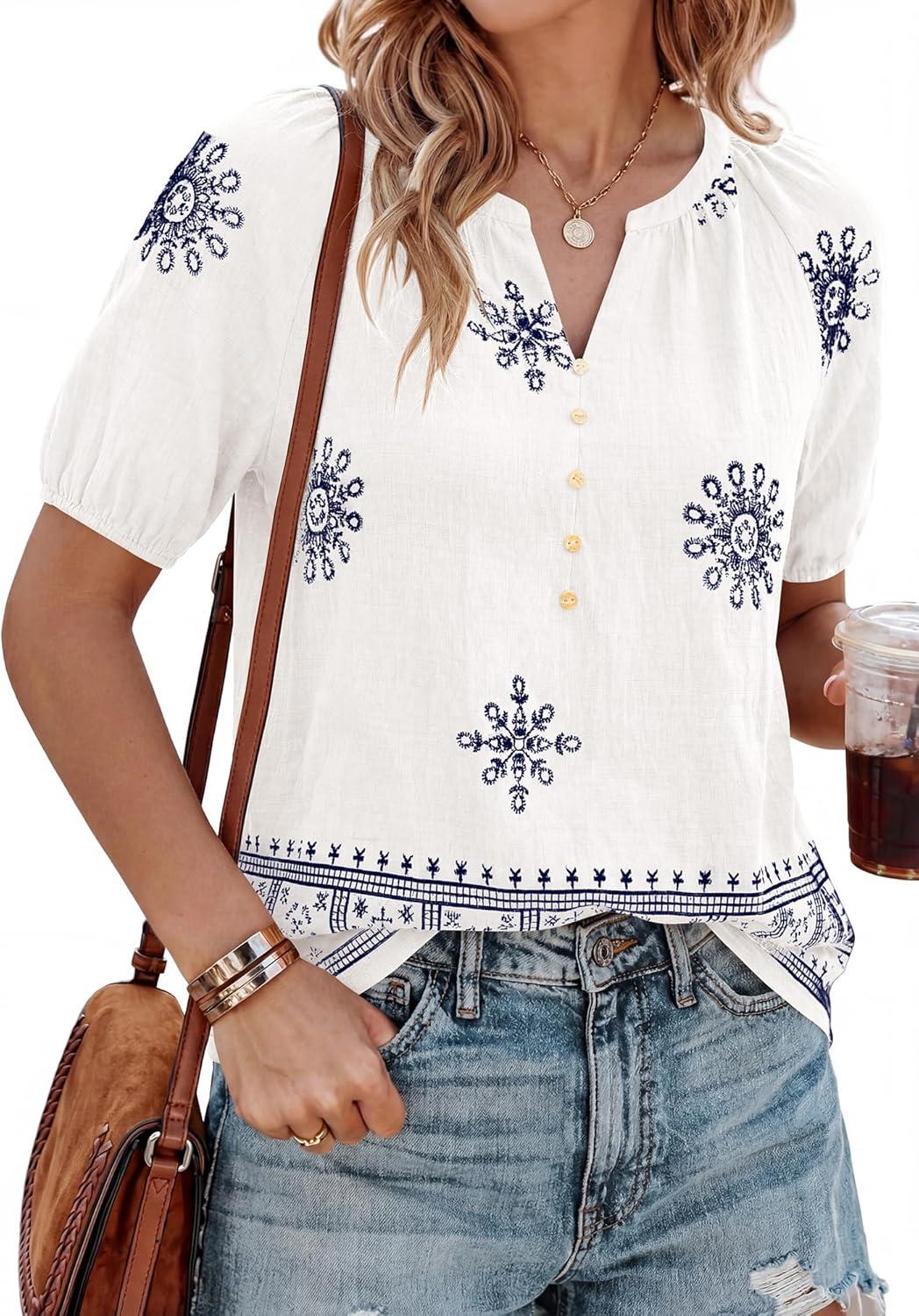 imageBTFBM Womens Summer Tops Boho V Neck Short Sleeve Dressy Casual Business Blouses Flowy Floral Print Shirt Trendy 2026Floral White Navy