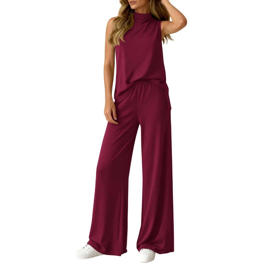 imageBTFBM Summer 2 Piece Lounge Sets For Women Sleeveless Mock Neck Top Wide Leg Pants Spring Vacation Airport Travel OutfitsBurgundy