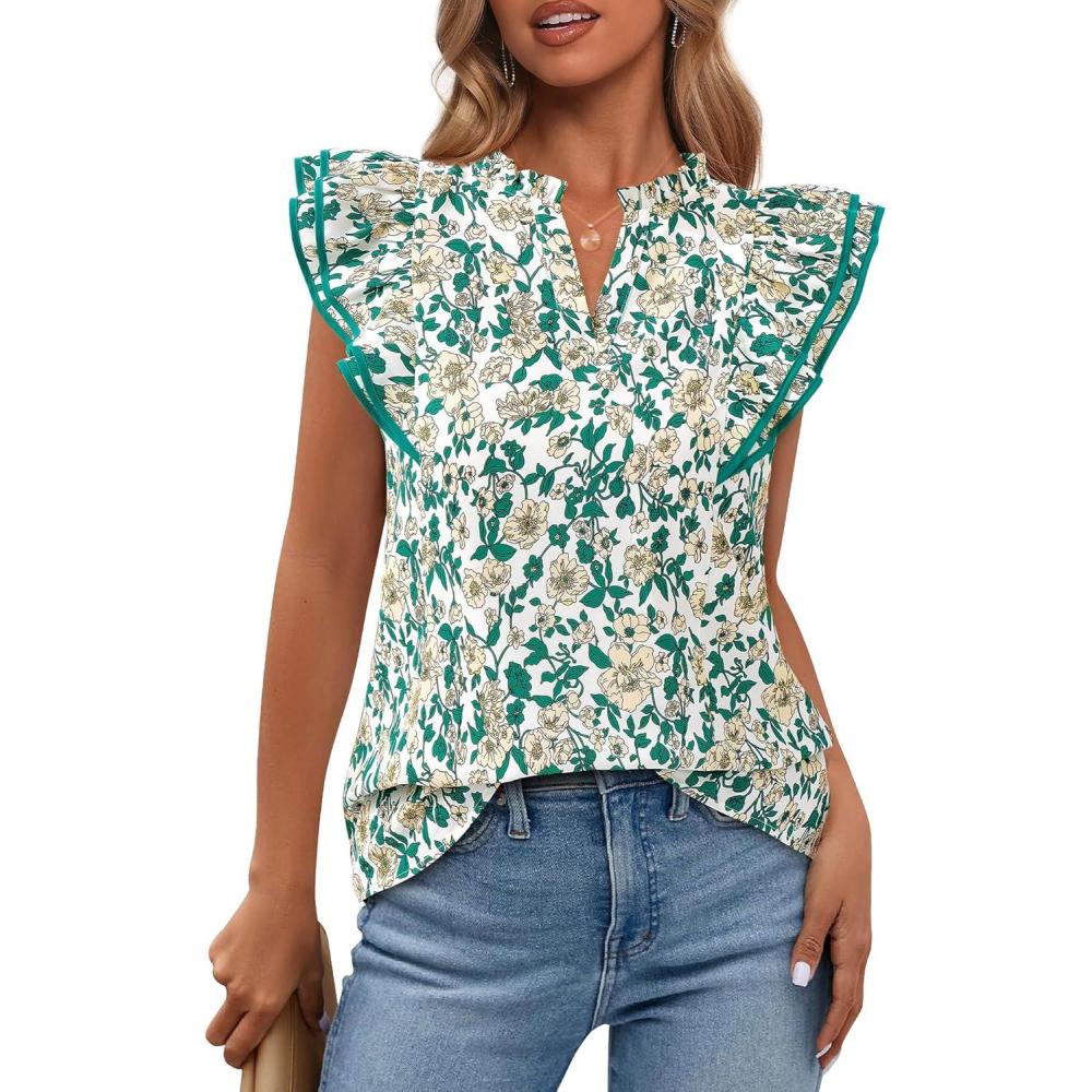imageBTFBM Womens Tops Dressy Casual 2026 Spring Summer Shirts Boho Floral V Neck Ruffle Cap Sleeve Business Work BlousesFloral Green Yellow