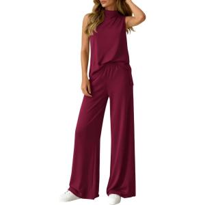 BTFBM Summer 2 Piece Lounge Sets For Women Sleeveless Mock Neck Top Wide Leg Pants Spring Vacation Airport Travel Outfits(Burgundy)