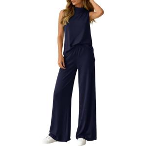 BTFBM Summer 2 Piece Lounge Sets For Women Sleeveless Mock Neck Top Wide Leg Pants Spring Vacation Airport Travel Outfits(Navy Blue)