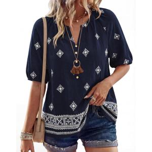 BTFBM Womens Summer Tops Boho V Neck Short Sleeve Dressy Casual Business Blouses Flowy Floral Print Shirt Trendy 2026(Floral Navy Apricot)
