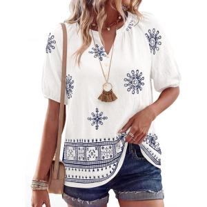 BTFBM Womens Summer Tops Boho V Neck Short Sleeve Dressy Casual Business Blouses Flowy Floral Print Shirt Trendy 2026(Floral White Navy)