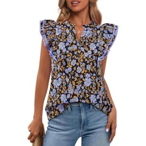 BTFBM Womens Tops Dressy Casual 2026 Spring Summer Shirts Boho Floral V Neck Ruffle Cap Sleeve Business Work Blouses(Floral Blue)