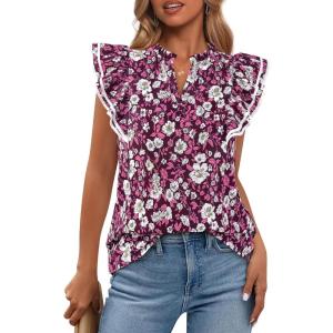 BTFBM Womens Tops Dressy Casual 2026 Spring Summer Shirts Boho Floral V Neck Ruffle Cap Sleeve Business Work Blouses(Floral Wine Red White)