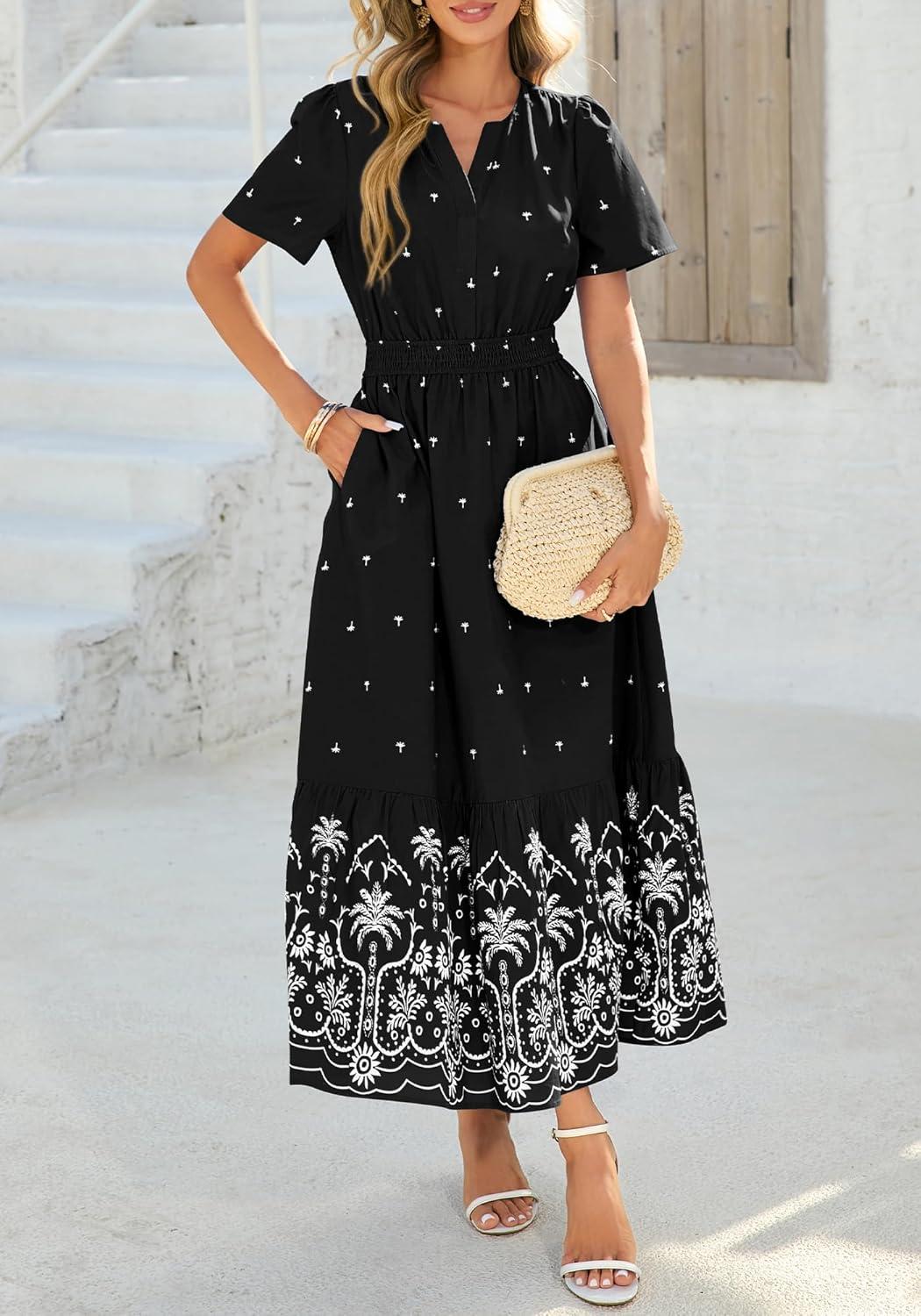 imageBTFBM Womens Summer Dresses 2026 Casual Short Sleeve Elastic Waist Flowy Beach Vacation Floral Boho Maxi Dress PocketsBlack White Flower