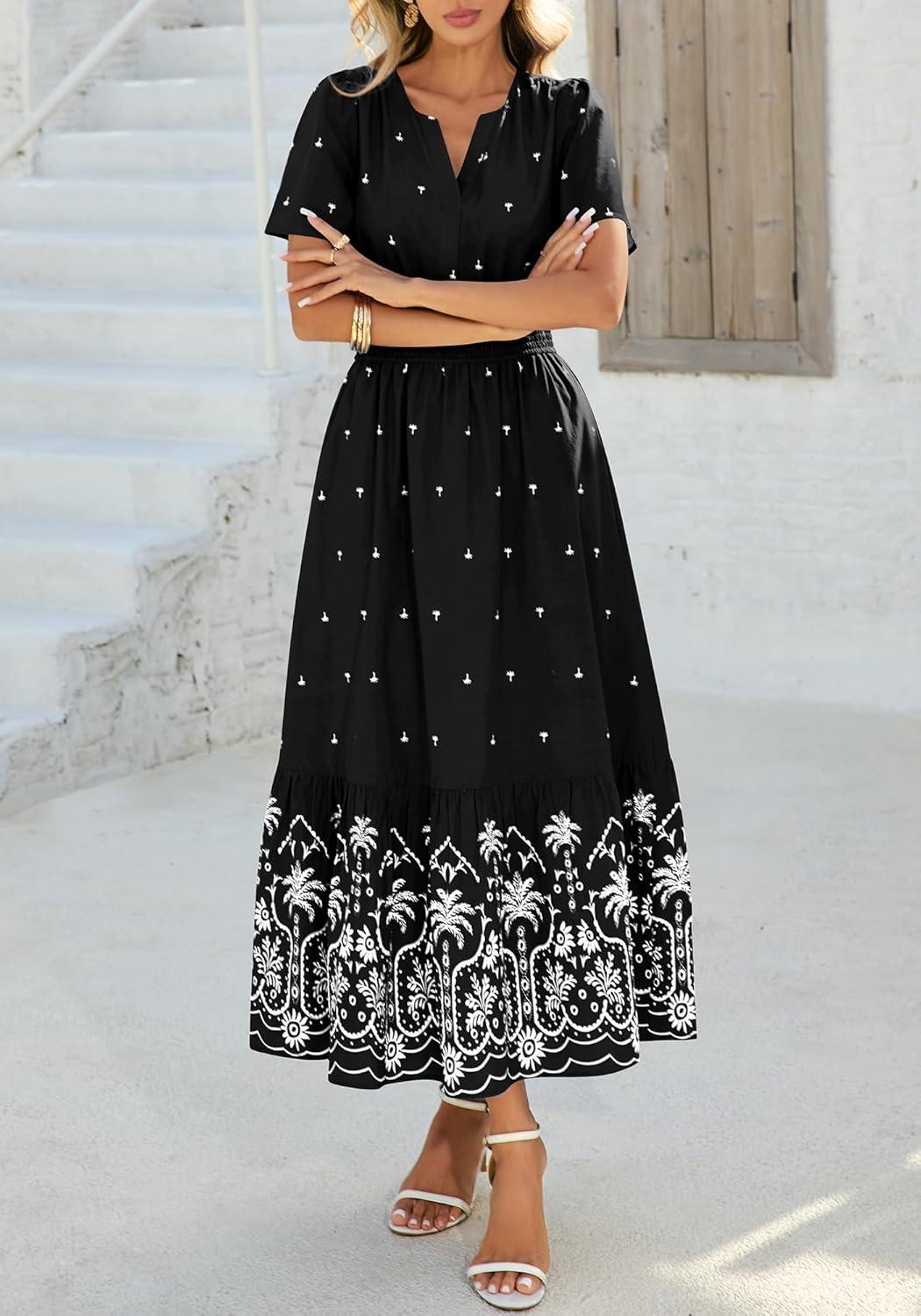 imageBTFBM Womens Summer Dresses 2026 Casual Short Sleeve Elastic Waist Flowy Beach Vacation Floral Boho Maxi Dress PocketsBlack White Flower