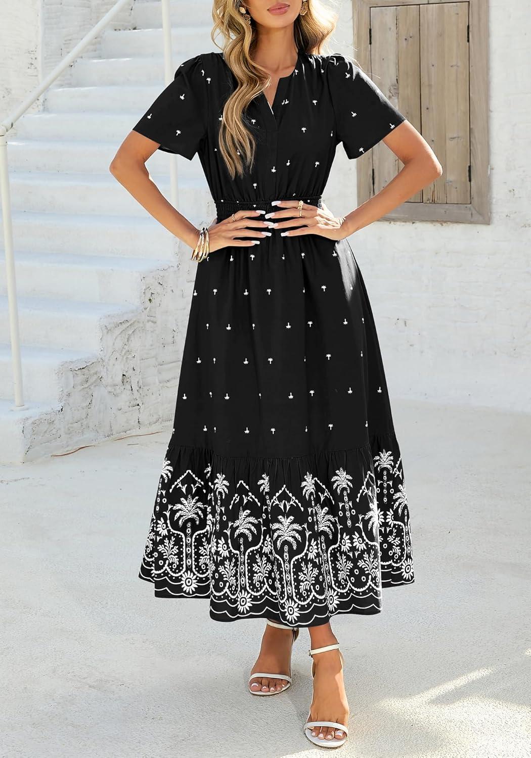 imageBTFBM Womens Summer Dresses 2026 Casual Short Sleeve Elastic Waist Flowy Beach Vacation Floral Boho Maxi Dress PocketsBlack White Flower