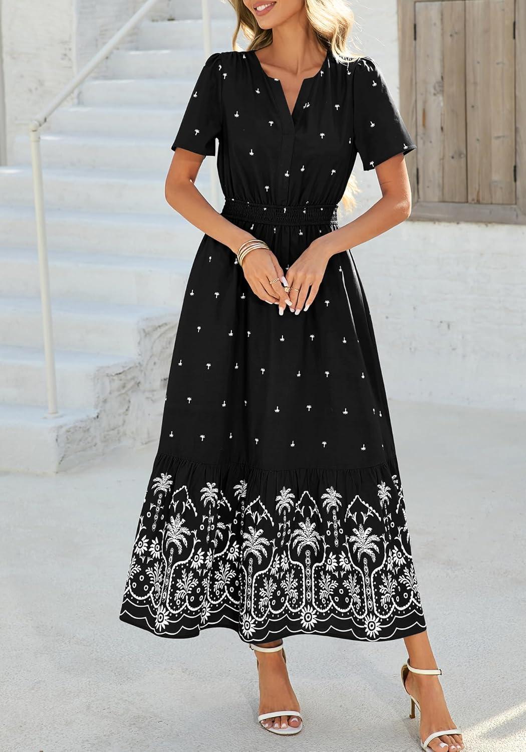 imageBTFBM Womens Summer Dresses 2026 Casual Short Sleeve Elastic Waist Flowy Beach Vacation Floral Boho Maxi Dress PocketsBlack White Flower