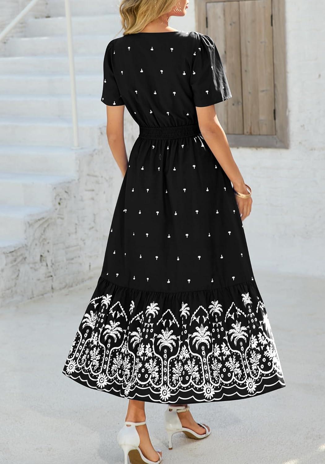 imageBTFBM Womens Summer Dresses 2026 Casual Short Sleeve Elastic Waist Flowy Beach Vacation Floral Boho Maxi Dress PocketsBlack White Flower