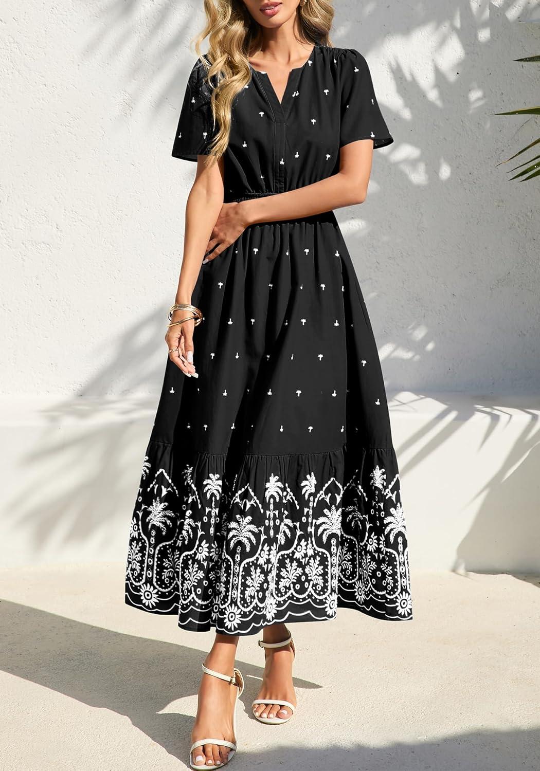 imageBTFBM Womens Summer Dresses 2026 Casual Short Sleeve Elastic Waist Flowy Beach Vacation Floral Boho Maxi Dress PocketsBlack White Flower