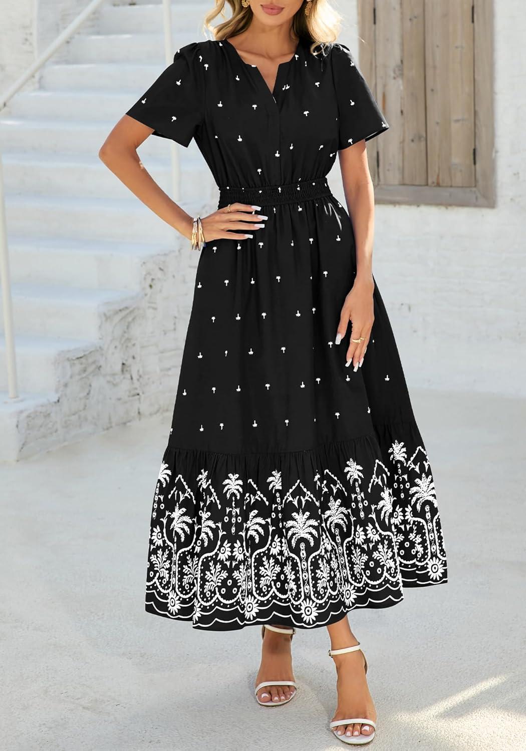 imageBTFBM Womens Summer Dresses 2026 Casual Short Sleeve Elastic Waist Flowy Beach Vacation Floral Boho Maxi Dress PocketsBlack White Flower