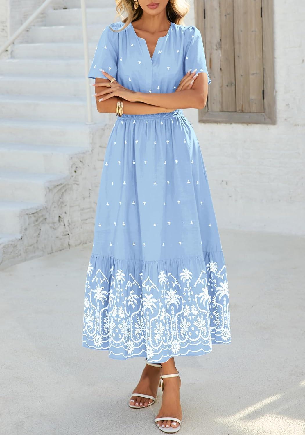 imageBTFBM Womens Summer Dresses 2026 Casual Short Sleeve Elastic Waist Flowy Beach Vacation Floral Boho Maxi Dress PocketsBlue White Flower