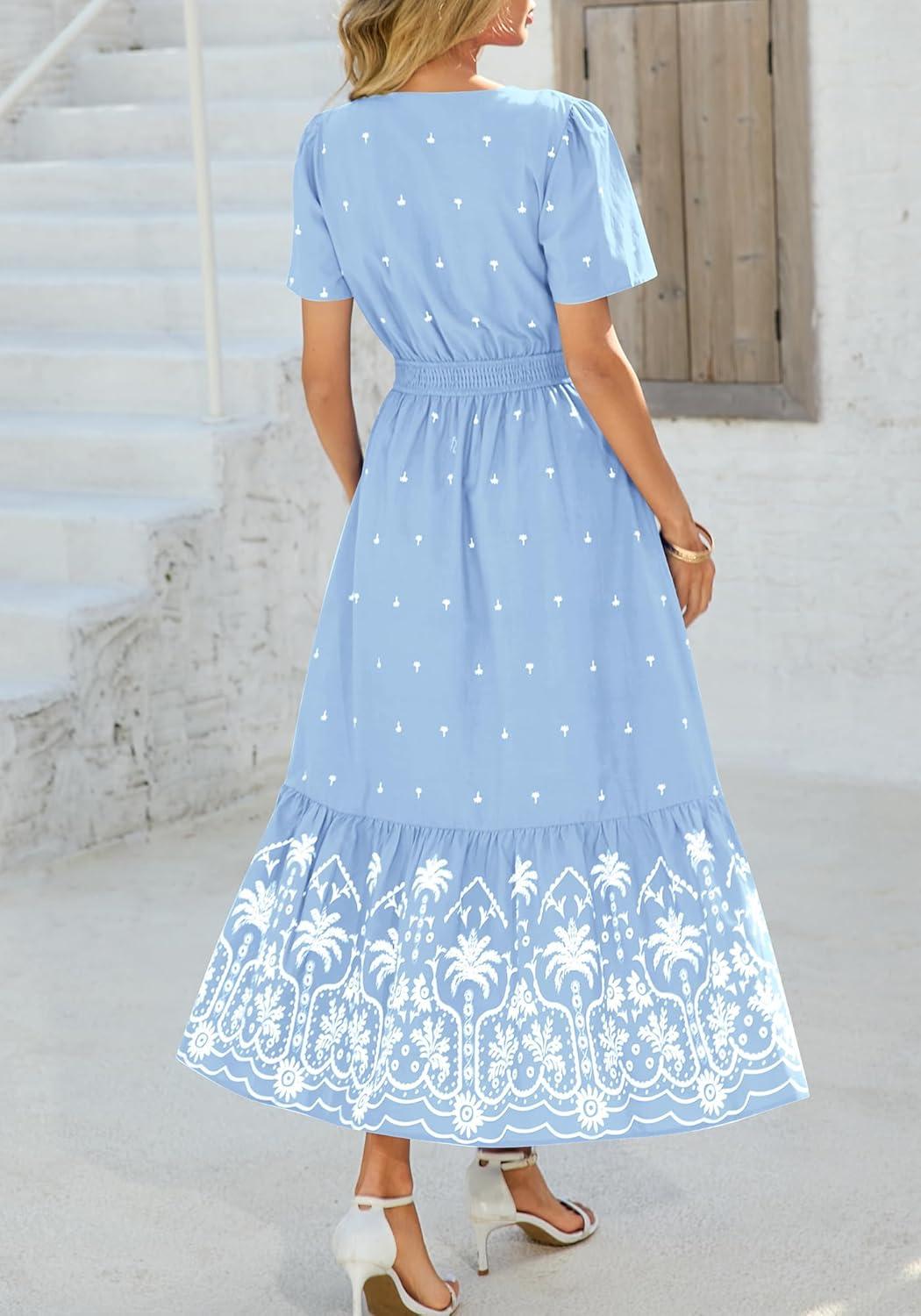 imageBTFBM Womens Summer Dresses 2026 Casual Short Sleeve Elastic Waist Flowy Beach Vacation Floral Boho Maxi Dress PocketsBlue White Flower