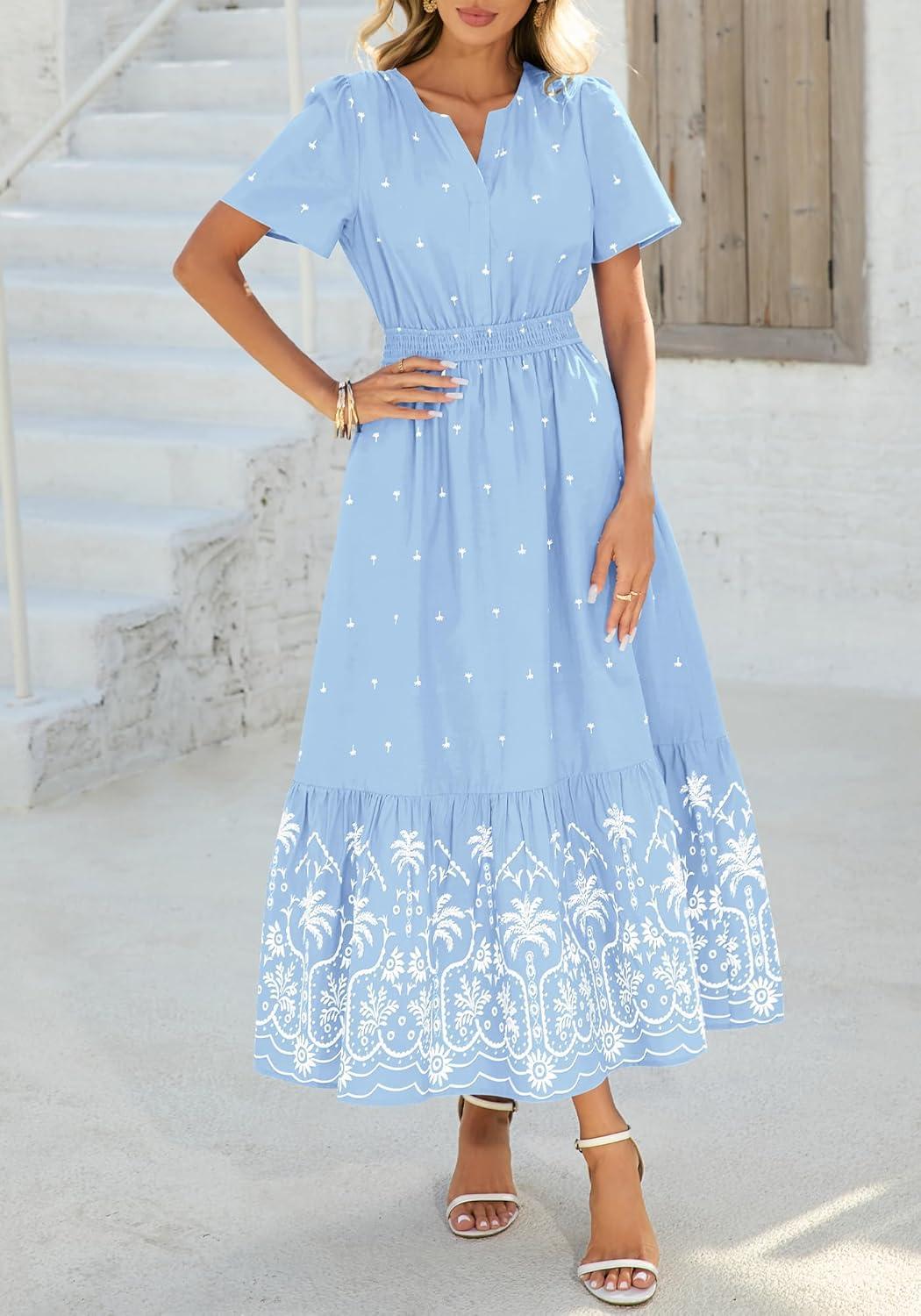 imageBTFBM Womens Summer Dresses 2026 Casual Short Sleeve Elastic Waist Flowy Beach Vacation Floral Boho Maxi Dress PocketsBlue White Flower