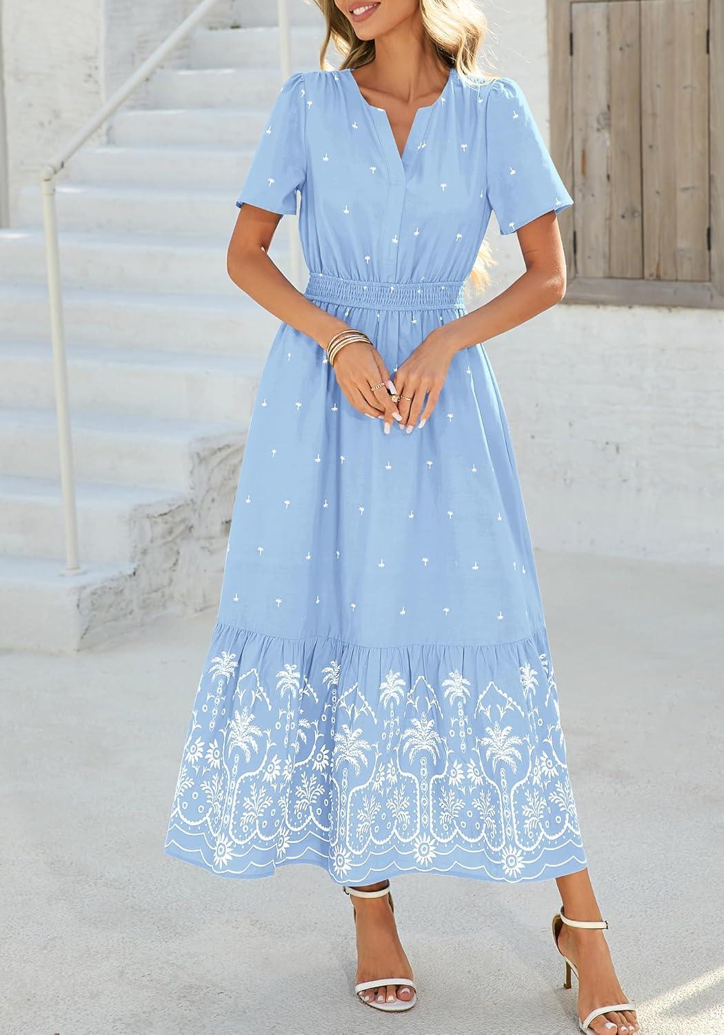 imageBTFBM Womens Summer Dresses 2026 Casual Short Sleeve Elastic Waist Flowy Beach Vacation Floral Boho Maxi Dress PocketsBlue White Flower