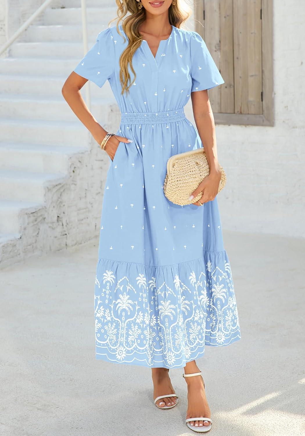 imageBTFBM Womens Summer Dresses 2026 Casual Short Sleeve Elastic Waist Flowy Beach Vacation Floral Boho Maxi Dress PocketsBlue White Flower