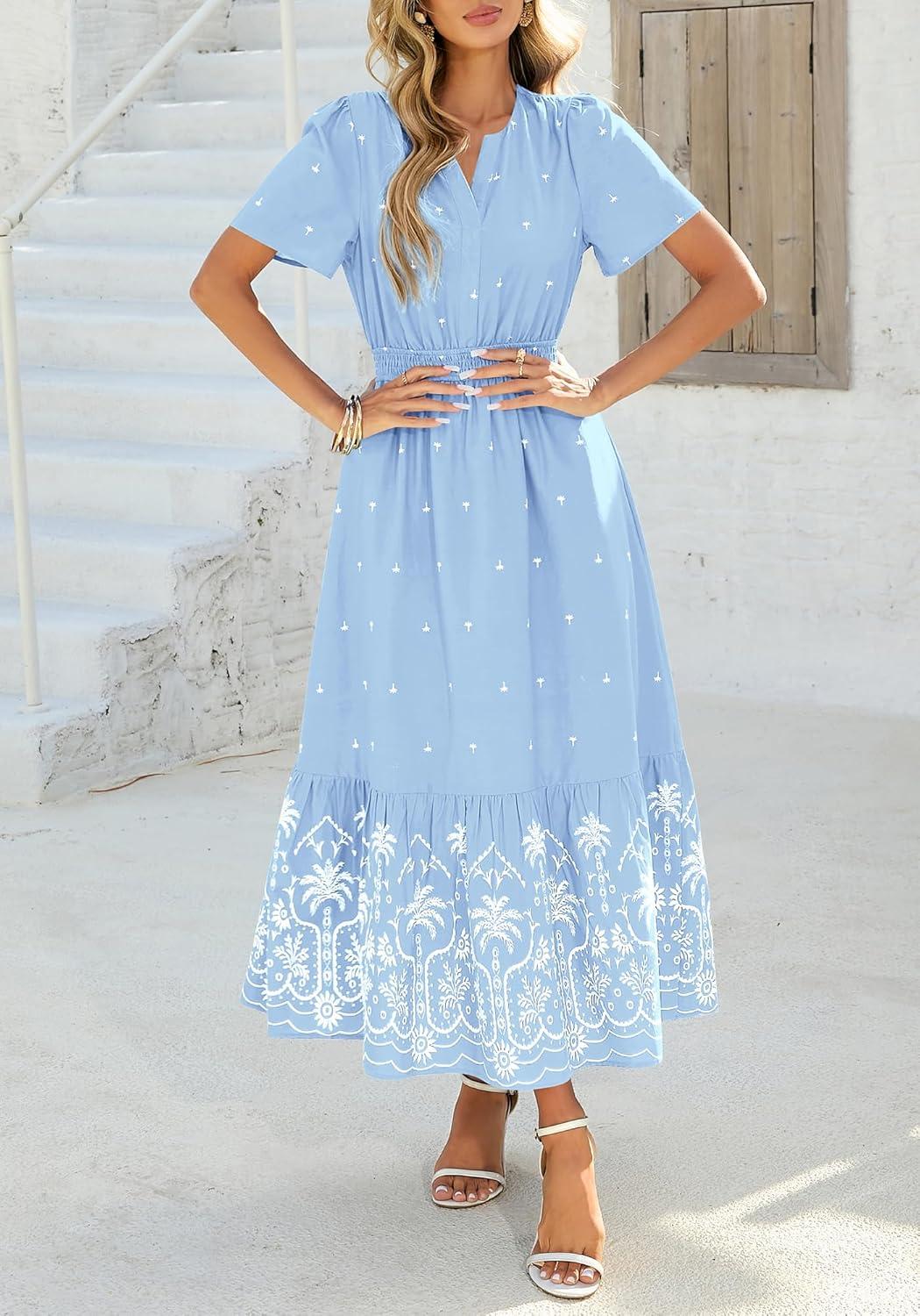 imageBTFBM Womens Summer Dresses 2026 Casual Short Sleeve Elastic Waist Flowy Beach Vacation Floral Boho Maxi Dress PocketsBlue White Flower