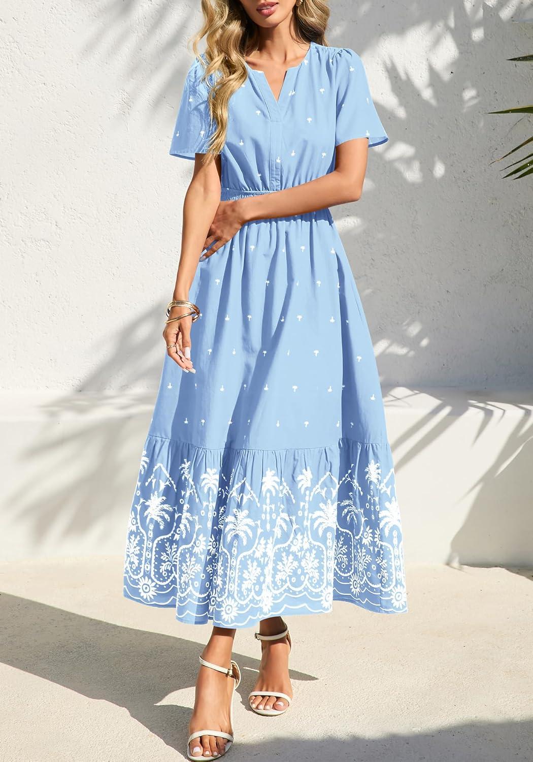 imageBTFBM Womens Summer Dresses 2026 Casual Short Sleeve Elastic Waist Flowy Beach Vacation Floral Boho Maxi Dress PocketsBlue White Flower