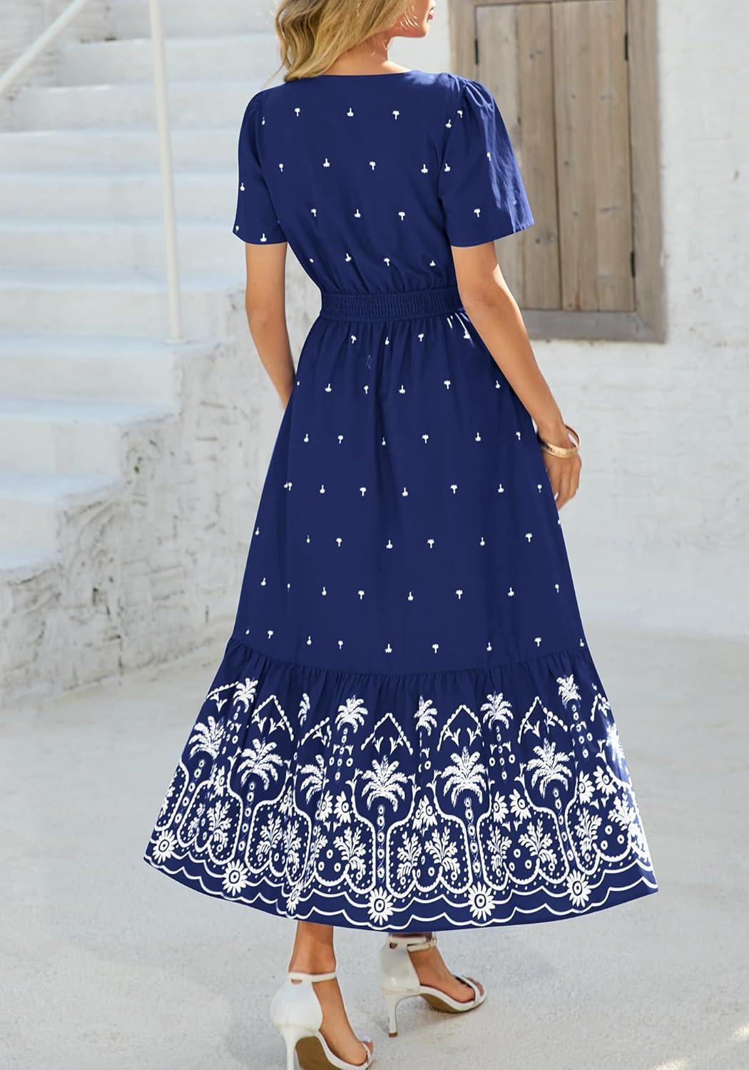 imageBTFBM Womens Summer Dresses 2026 Casual Short Sleeve Elastic Waist Flowy Beach Vacation Floral Boho Maxi Dress PocketsNavy White Flower