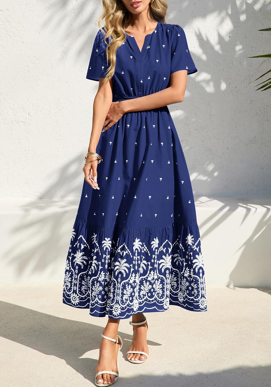 imageBTFBM Womens Summer Dresses 2026 Casual Short Sleeve Elastic Waist Flowy Beach Vacation Floral Boho Maxi Dress PocketsNavy White Flower