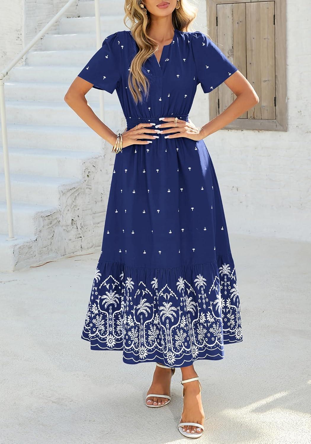 imageBTFBM Womens Summer Dresses 2026 Casual Short Sleeve Elastic Waist Flowy Beach Vacation Floral Boho Maxi Dress PocketsNavy White Flower