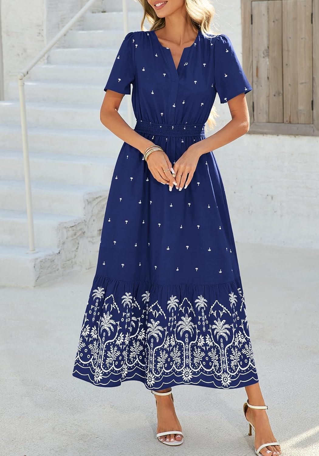 imageBTFBM Womens Summer Dresses 2026 Casual Short Sleeve Elastic Waist Flowy Beach Vacation Floral Boho Maxi Dress PocketsNavy White Flower