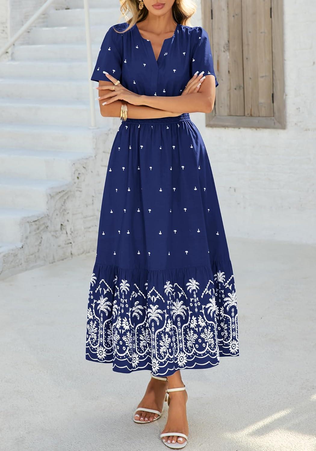 imageBTFBM Womens Summer Dresses 2026 Casual Short Sleeve Elastic Waist Flowy Beach Vacation Floral Boho Maxi Dress PocketsNavy White Flower