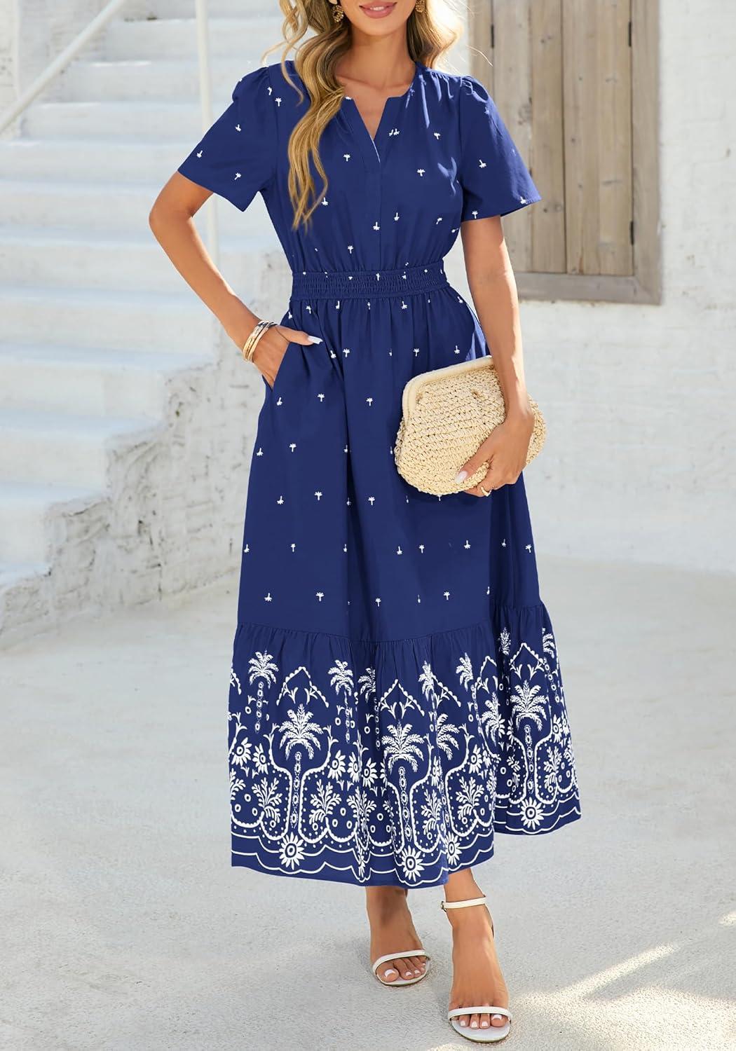 imageBTFBM Womens Summer Dresses 2026 Casual Short Sleeve Elastic Waist Flowy Beach Vacation Floral Boho Maxi Dress PocketsNavy White Flower