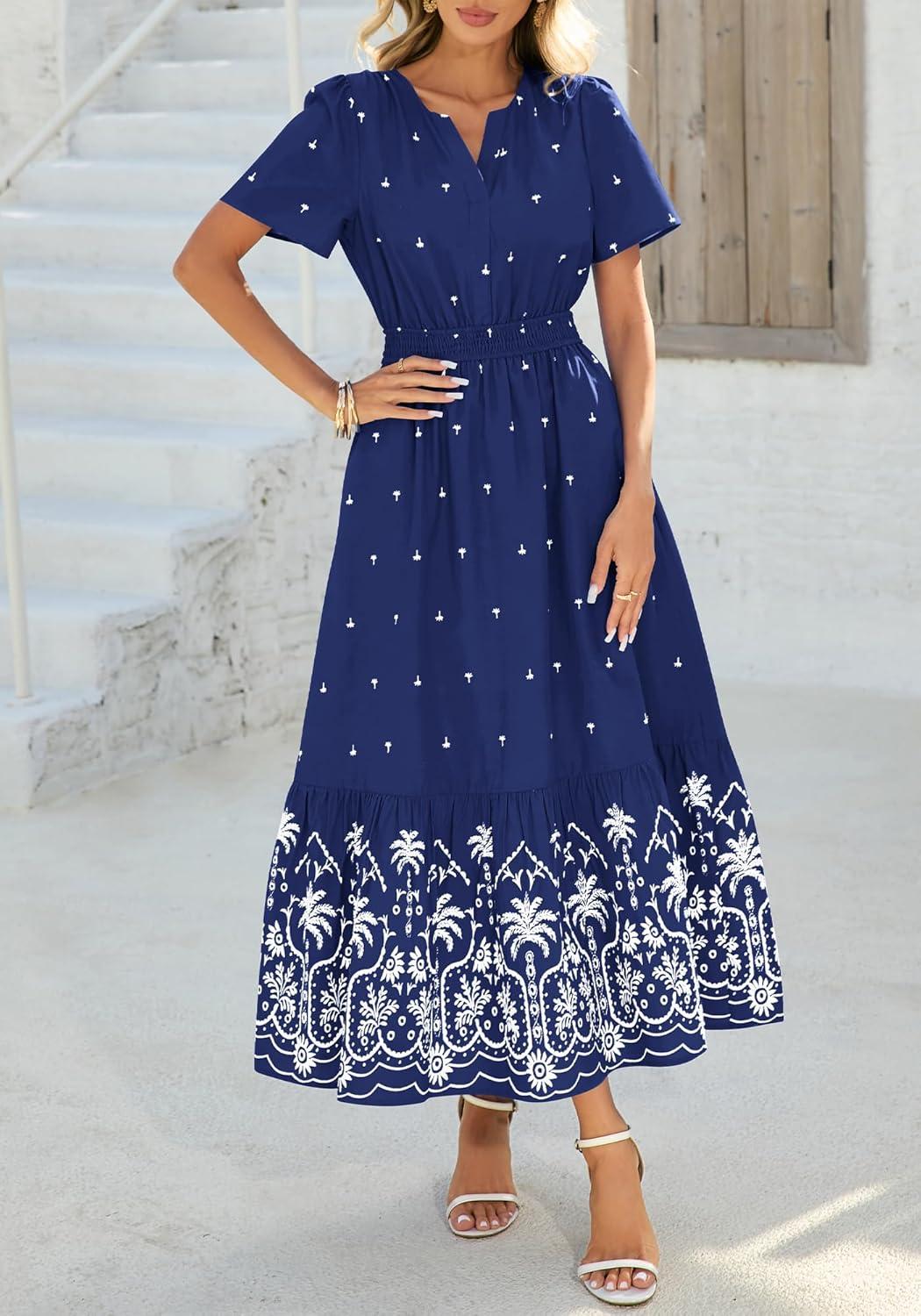 imageBTFBM Womens Summer Dresses 2026 Casual Short Sleeve Elastic Waist Flowy Beach Vacation Floral Boho Maxi Dress PocketsNavy White Flower