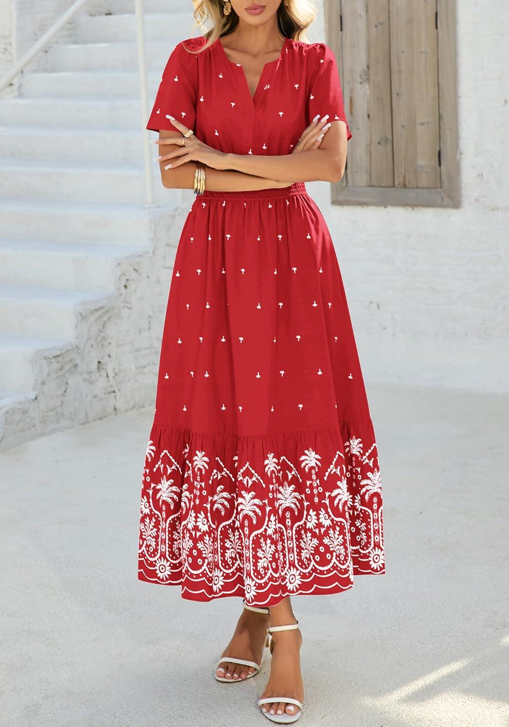 imageBTFBM Womens Summer Dresses 2026 Casual Short Sleeve Elastic Waist Flowy Beach Vacation Floral Boho Maxi Dress PocketsRed White Flower