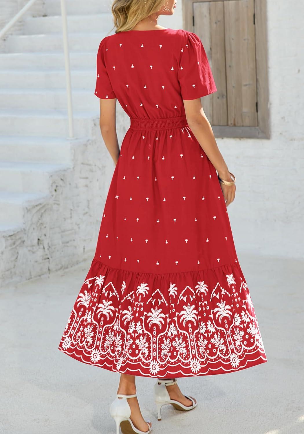 imageBTFBM Womens Summer Dresses 2026 Casual Short Sleeve Elastic Waist Flowy Beach Vacation Floral Boho Maxi Dress PocketsRed White Flower