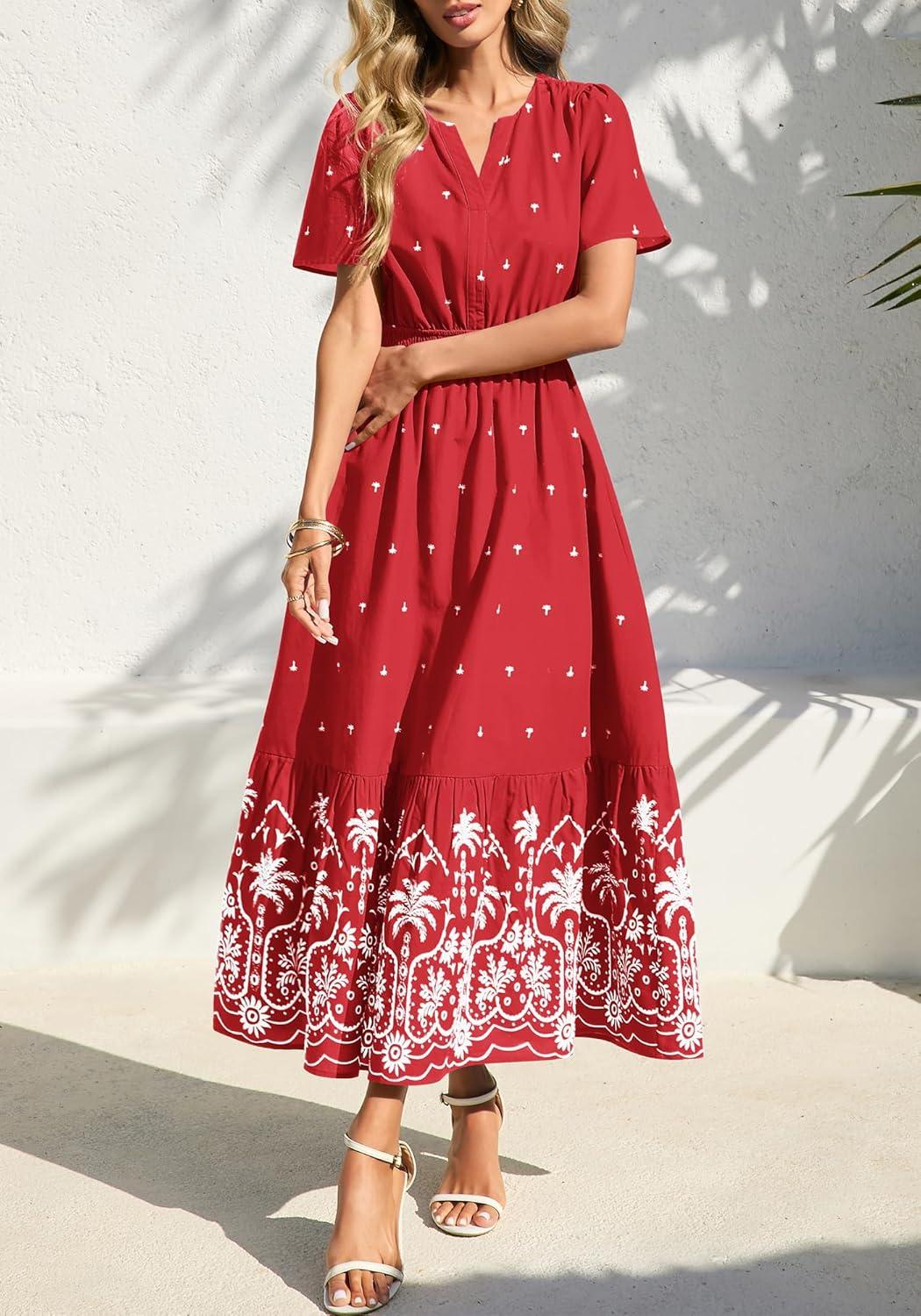 imageBTFBM Womens Summer Dresses 2026 Casual Short Sleeve Elastic Waist Flowy Beach Vacation Floral Boho Maxi Dress PocketsRed White Flower