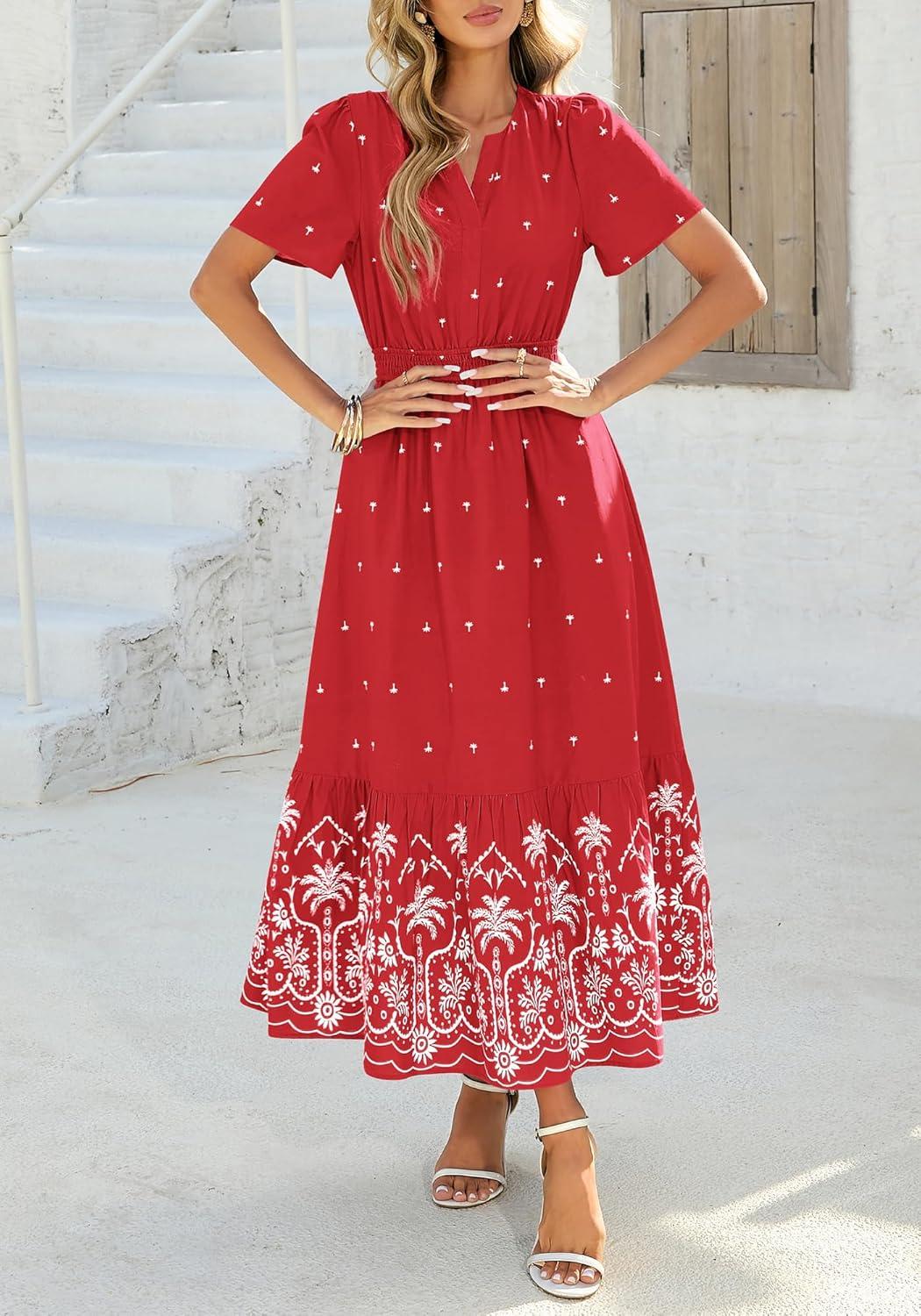 imageBTFBM Womens Summer Dresses 2026 Casual Short Sleeve Elastic Waist Flowy Beach Vacation Floral Boho Maxi Dress PocketsRed White Flower