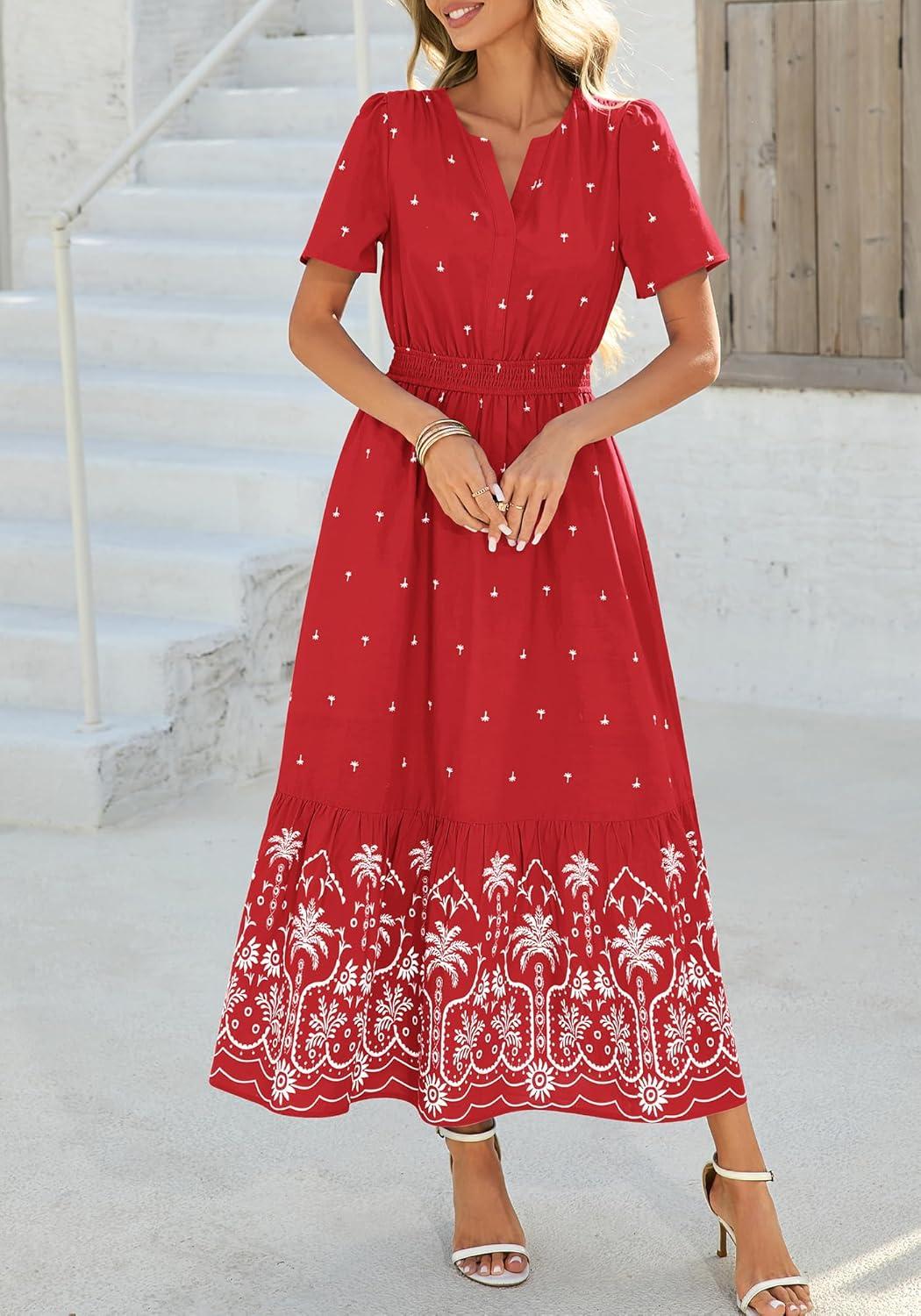 imageBTFBM Womens Summer Dresses 2026 Casual Short Sleeve Elastic Waist Flowy Beach Vacation Floral Boho Maxi Dress PocketsRed White Flower