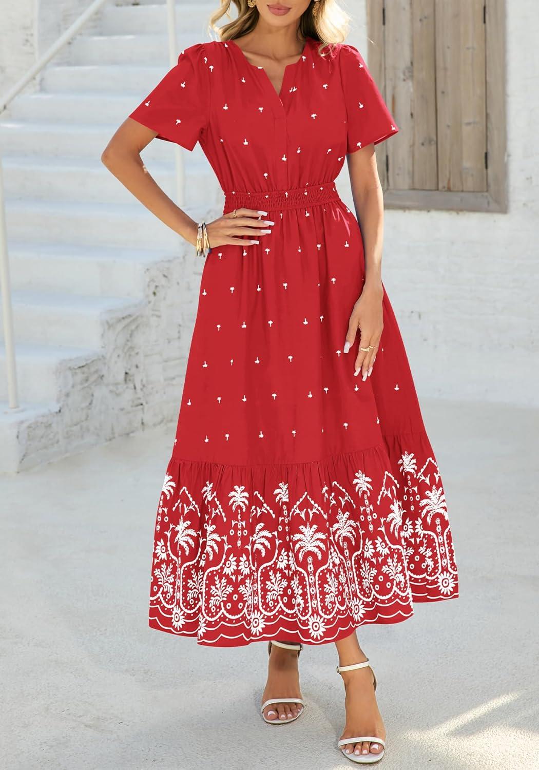 imageBTFBM Womens Summer Dresses 2026 Casual Short Sleeve Elastic Waist Flowy Beach Vacation Floral Boho Maxi Dress PocketsRed White Flower