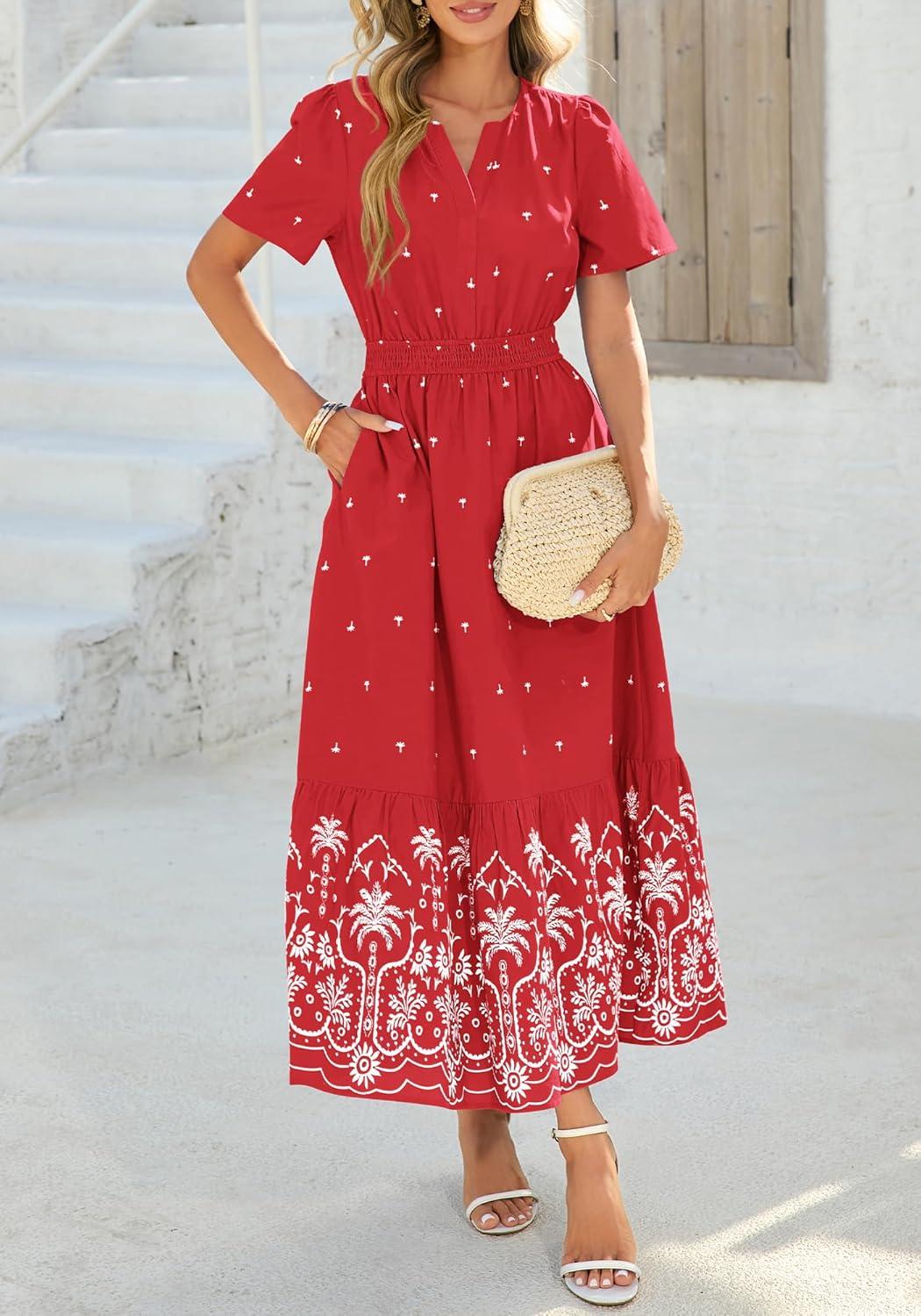 imageBTFBM Womens Summer Dresses 2026 Casual Short Sleeve Elastic Waist Flowy Beach Vacation Floral Boho Maxi Dress PocketsRed White Flower