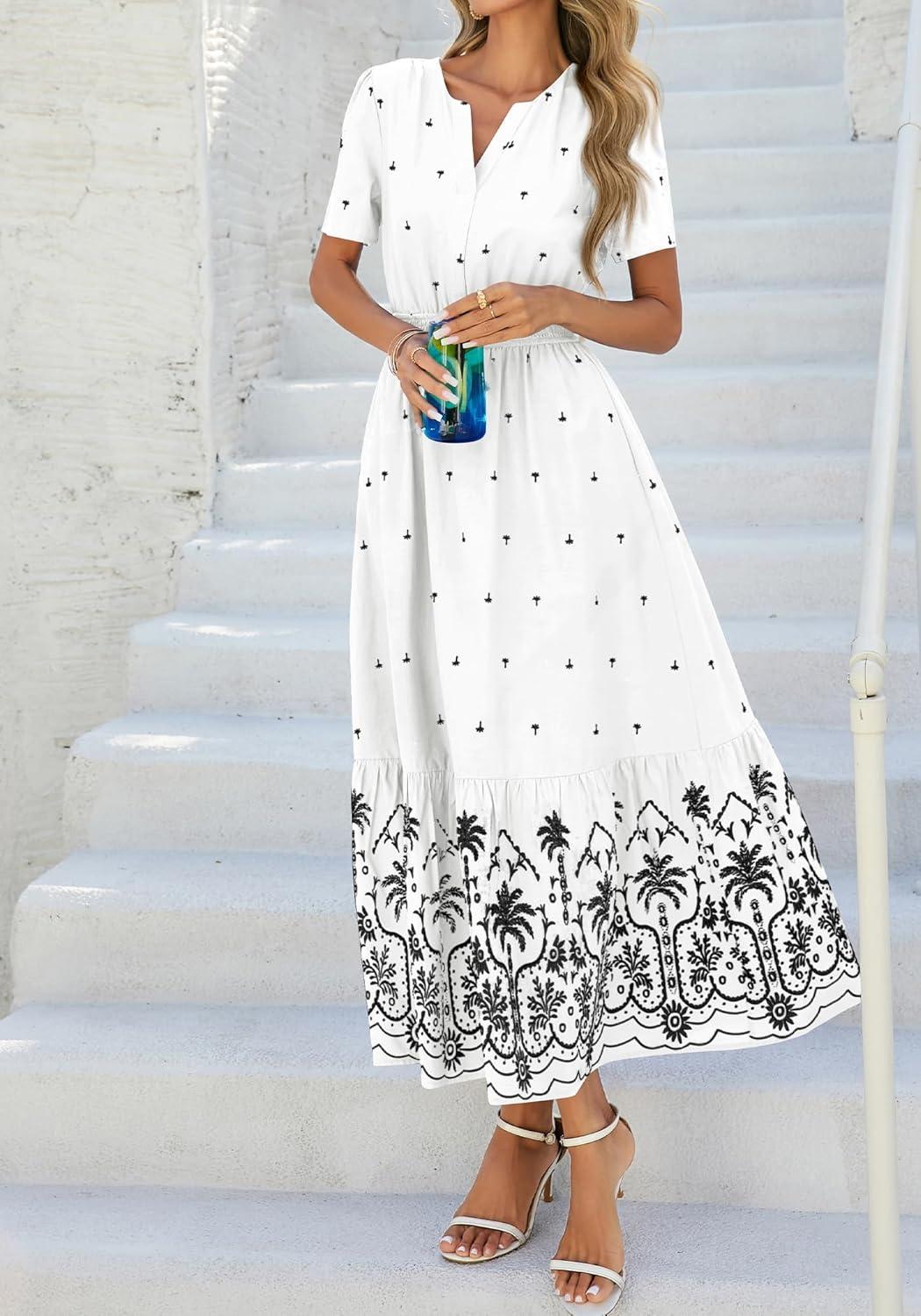 imageBTFBM Womens Summer Dresses 2026 Casual Short Sleeve Elastic Waist Flowy Beach Vacation Floral Boho Maxi Dress PocketsWhite Black Flower