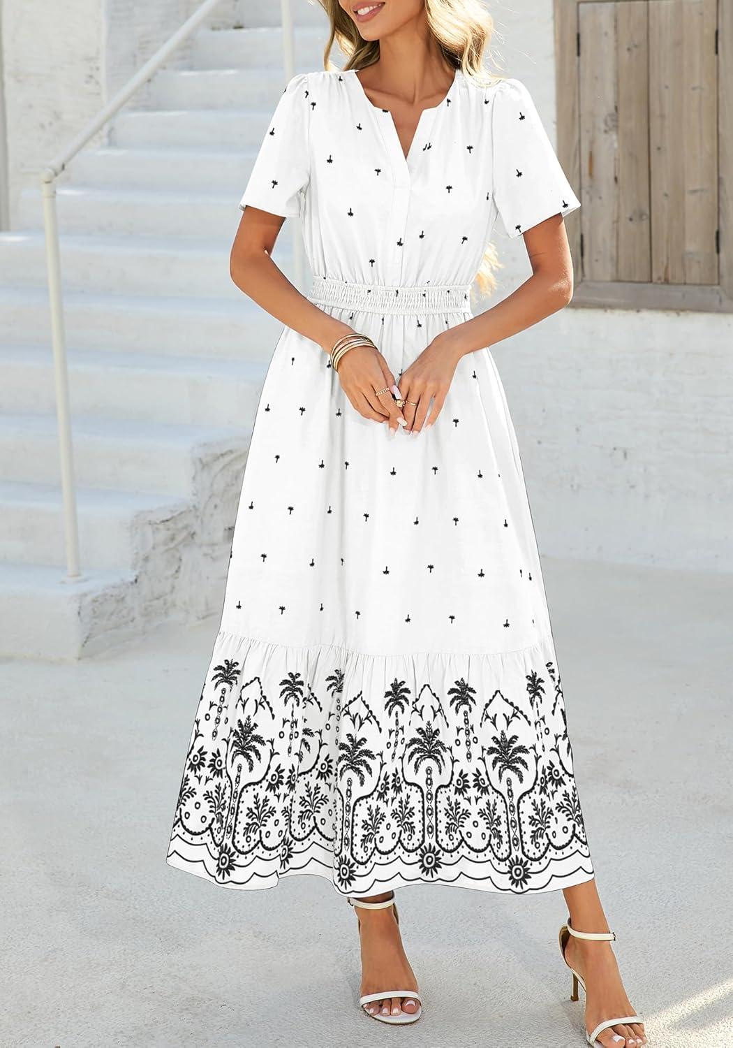 imageBTFBM Womens Summer Dresses 2026 Casual Short Sleeve Elastic Waist Flowy Beach Vacation Floral Boho Maxi Dress PocketsWhite Black Flower