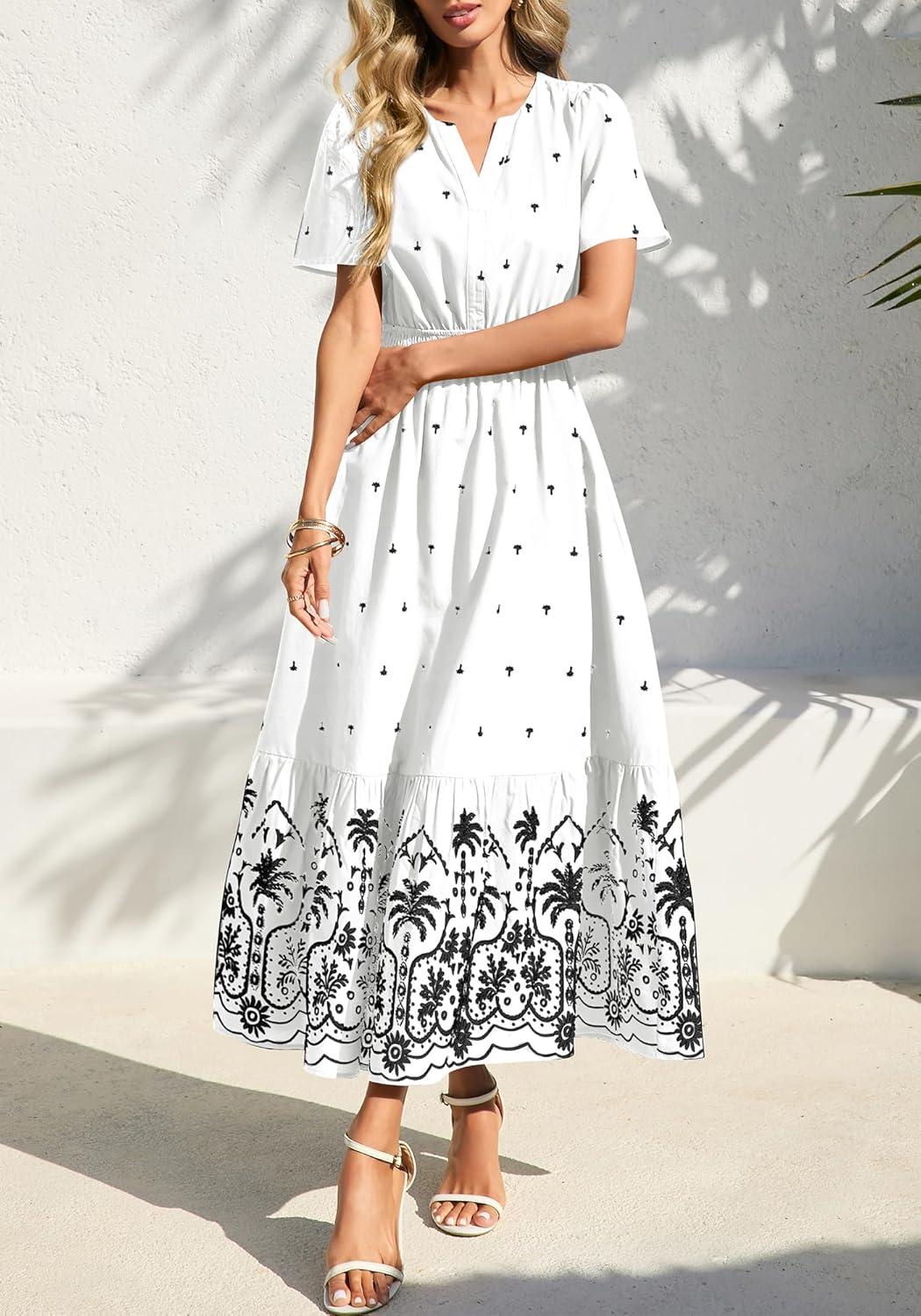 imageBTFBM Womens Summer Dresses 2026 Casual Short Sleeve Elastic Waist Flowy Beach Vacation Floral Boho Maxi Dress PocketsWhite Black Flower