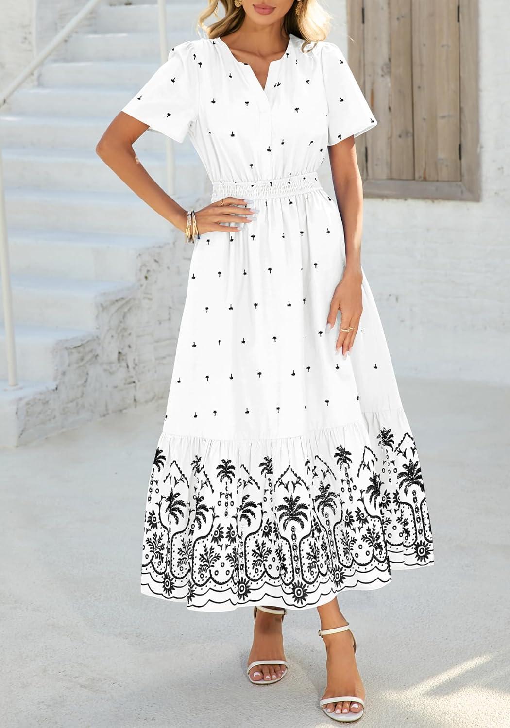 imageBTFBM Womens Summer Dresses 2026 Casual Short Sleeve Elastic Waist Flowy Beach Vacation Floral Boho Maxi Dress PocketsWhite Black Flower