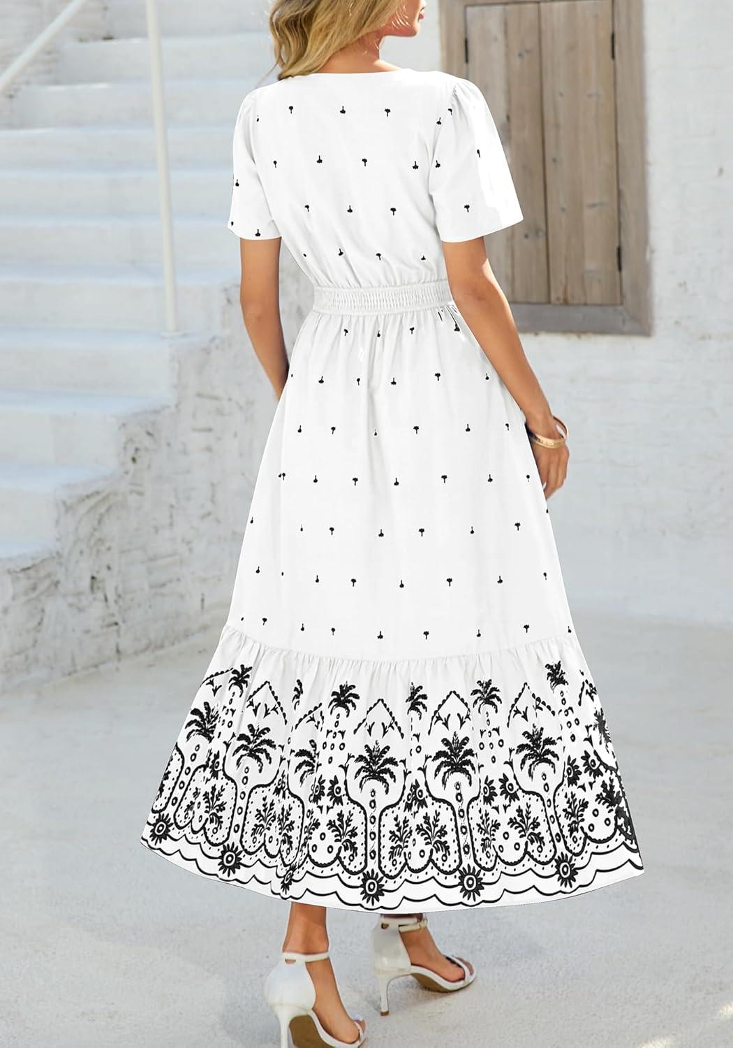 imageBTFBM Womens Summer Dresses 2026 Casual Short Sleeve Elastic Waist Flowy Beach Vacation Floral Boho Maxi Dress PocketsWhite Black Flower