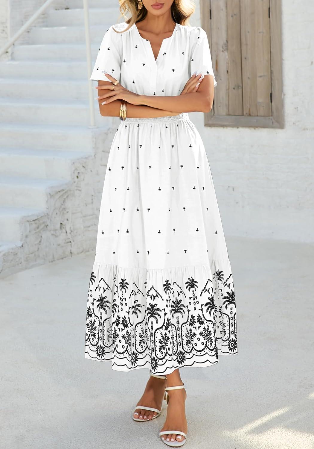 imageBTFBM Womens Summer Dresses 2026 Casual Short Sleeve Elastic Waist Flowy Beach Vacation Floral Boho Maxi Dress PocketsWhite Black Flower